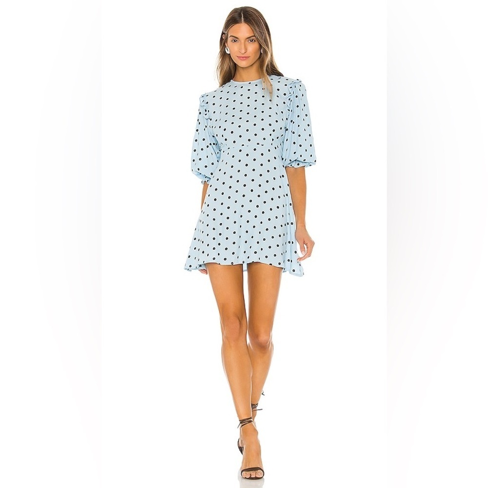 Faithfull The Brand Edwina Dotted Mini Dress in Baby Blue Dots Size 4.